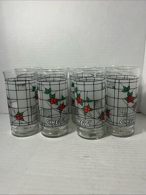 Coca-Cola Glass Tumblers with Red Berries & Green Leaves Set of 8